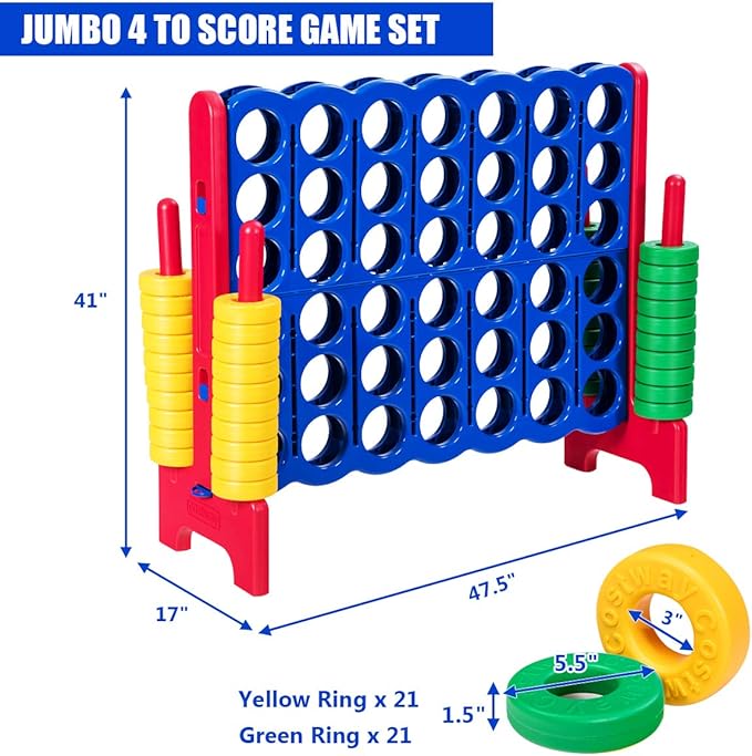 COSTWAY Jumbo 4-to-Score Giant Game Set, 4 in A Row for Kids and Adults, 3.5FT Tall Indoor & Outdoor Game Set with 42 Jumbo Rings & Quick-Release Slider, Perfect for Holiday Party & Family Game, Red