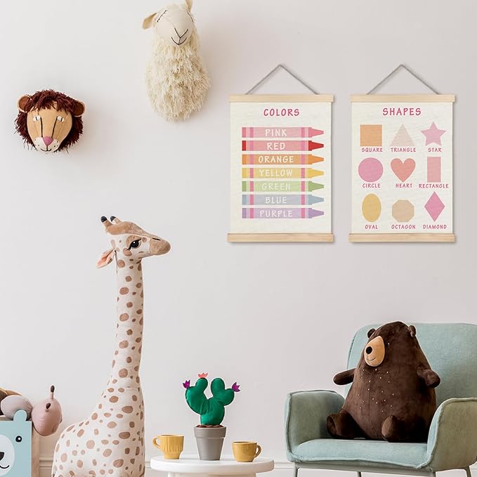 Supwhd Shapes Colors Posters for Classroom Wall, Shapes Colors Learning Poster Hanger Frame Wall Decor for Classroom Nursery Kids Room Playroom Preschool Decor, 12x16 Set of 2（Pink）