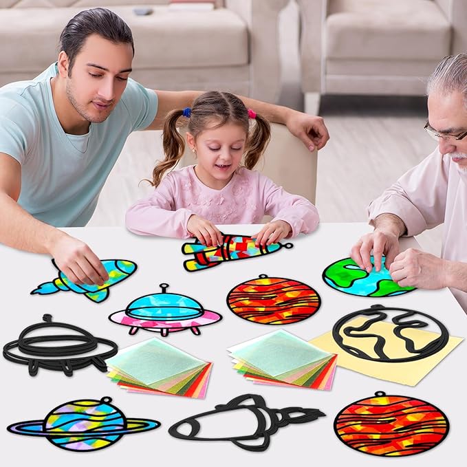 Qyeahkj 36 Set Outer Space Suncatchers Crafts for Kids DIY Solar System Window Tissue Paper Craft Kit Space Hanging Decor for Planet School Home Activity Art Project Birthday Party Favor Gift