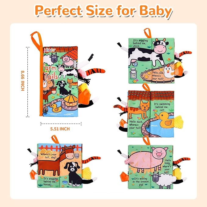 HECCEI Baby Cloth Books Soft Baby Book 0-6 Months Crinkle Books with Tail Touch and Feel Sensory Toys for Infant Tummy Time for 3 Months+, Farm Tails