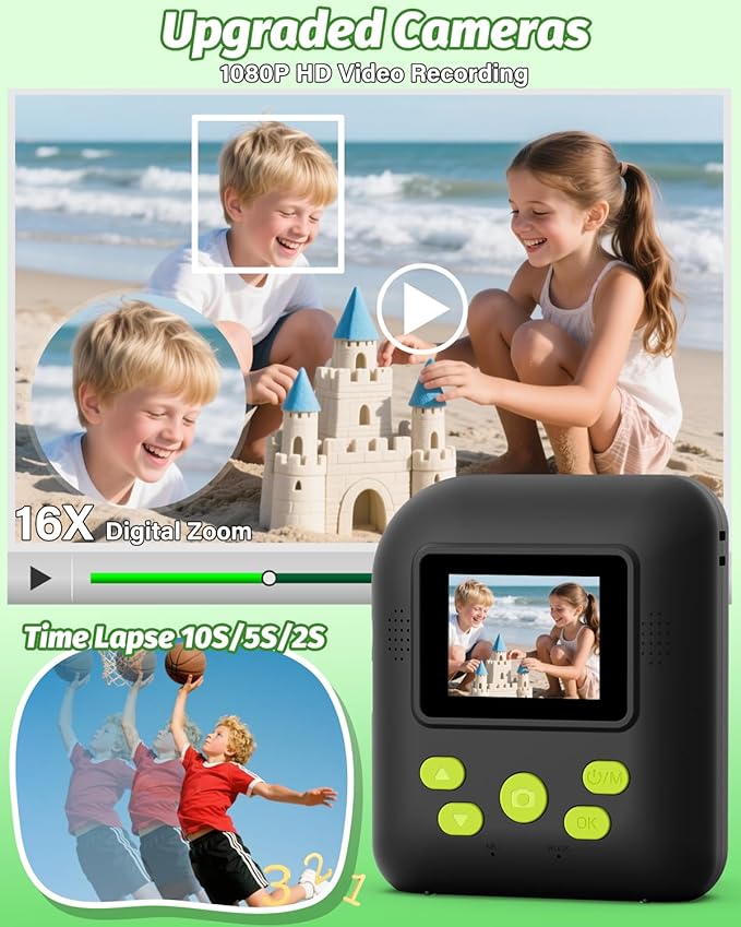 Kids Camera Instant Print Photo, Portable Thermal Printing Camera Toy with HD Digital Video, for 3-12 Years Old Boys Girls, Creativity & Learning (Black)