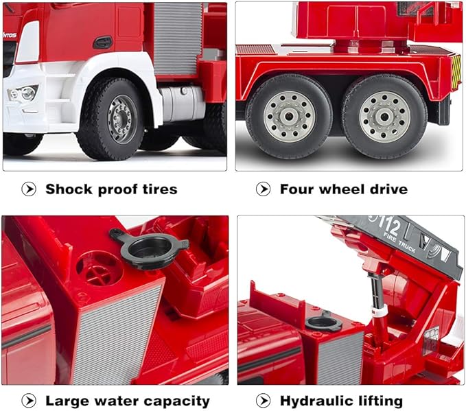 Benz Licensed Remote Control Fire Truck, RC Fire Truck Toy, Rechargeable Construction Truck Toys with Alarm Lights, Hose, Working Water Pump and Rotating Rescue Ladder Fire Truck Toys Gift for Kids