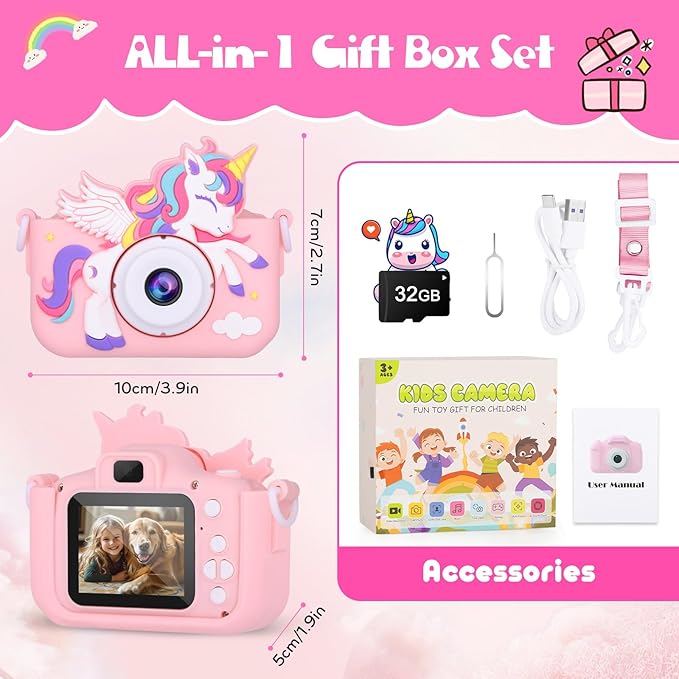 Kids Camera Unicorn Girl Toys, Digital Camera for Kids Age 3-8 Toddler Travel Toys, Birthday Gift for Girls 3 4 5 6 7 8 Year Old Christmas, HD 1080P Video Camera, 32G SD Card Included (Pink)
