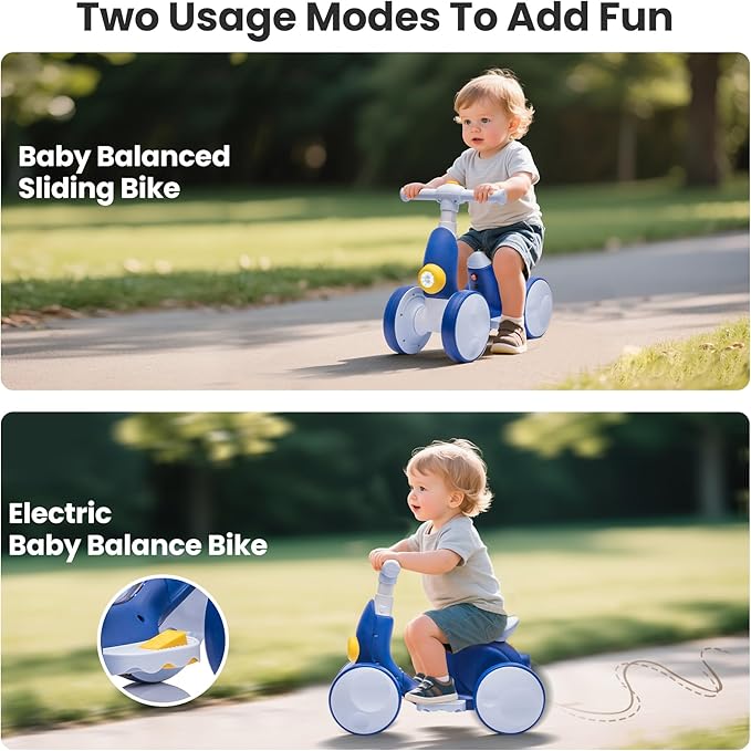 Electric Baby Balance Bike with Bubble Machine for 1 Year Old Boys Girls 4 in 1 Toddler Balance Bike 12-48 Month Kids Bubble Bike Ride Toys First Birthday Gift with Powered Motor,Music,LED Lights