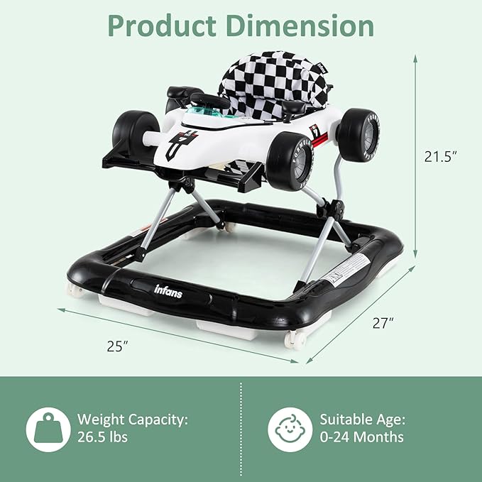 INFANS 4 in 1 Baby Walker, Foldable Toddler Activity Center with Adjustable Height, Padded Seat, Music, Light, Removable Tray, Push Walker for Girls Boys Aged 6-18 Months (Ivory)