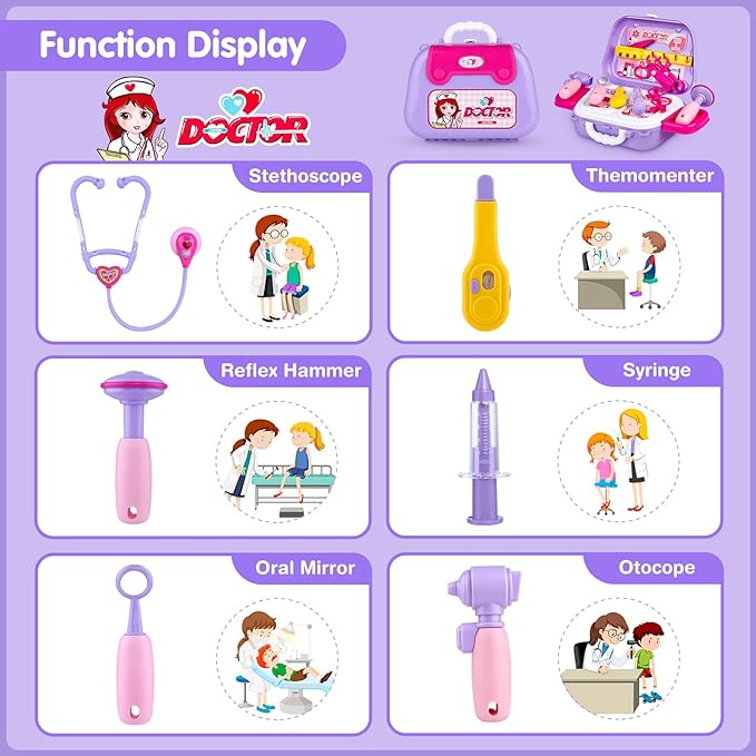 GIFTINBOX Kids Doctor Kit for Girls and Boys , Purple Doctors kit for Kids 22 Pieces Pretend Play Medical Toys Set with Roleplay Doctor Costume and Carry Bag for Little Girls-B