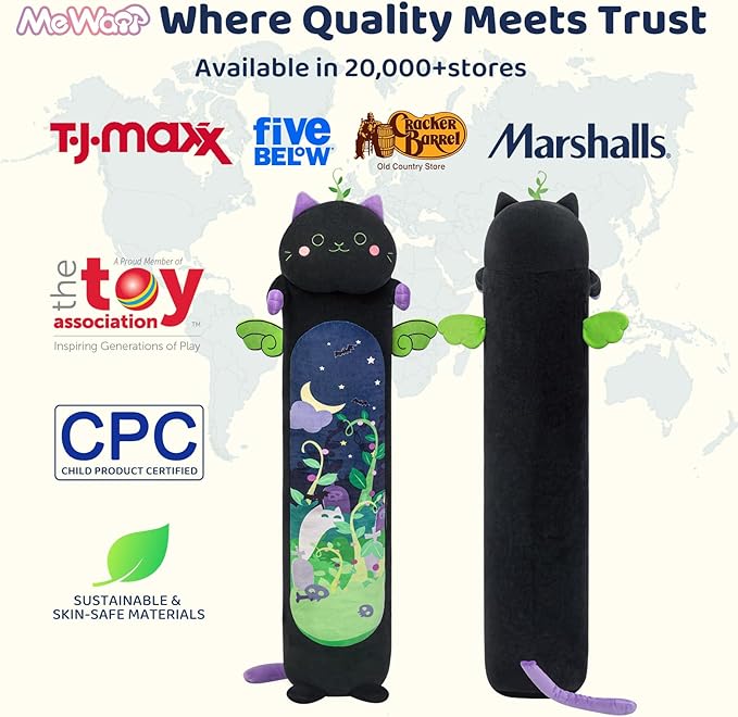 Mewaii Long Cat Plush 5 Sizes, 120% Extra Filling Giant Plushness Kids Body Pillow, Kawaii Cute Black Cat Stuffed Animals Plushies, Big Long Body Pillow Black Cat Plush Gift for Girls 20”