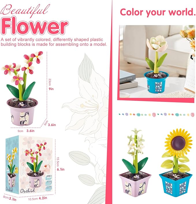 Musical Sunflower Piano Game Machine, Interactive Building Blocks Toy with Watering Can (Orchid)
