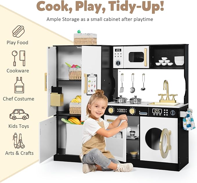 Play Kitchen Sets for Kids, Pretend Wooden Kids Kitchen Playset, Interactive Toy Kitchen with Freezer, Washing Machine, Ice Maker & Large Storage Space, for Boys Girls Ages 3+, Black