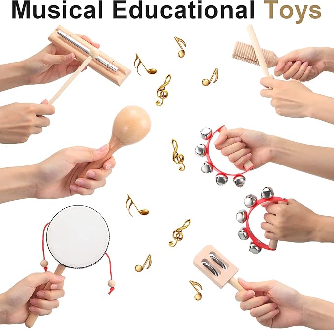 Chumia Toddler Musical Instruments Set 13 Pcs Montessori Wooden Percussion Instruments with Drum Preschool Educational Baby Early Learning Music Toys Set for Little Boys Girls Kids Children Gifts