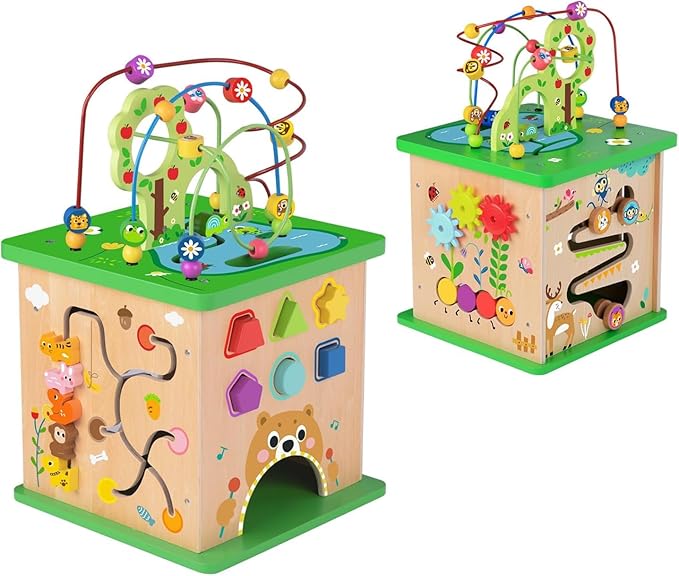 TOOKYLAND 5 in 1 Activity Center, Wooden Large Activity Play Cube 23"X13"X13", Wooden Learning Puzzle Toy for Toddlers, with Animal Friends, Shapes, Mazes, Shape Sorter
