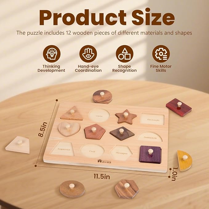 Adena Montessori Wooden Puzzles for Toddlers 1-2, 12 Piece Shape Peg Board with Knobs Educational Learning Toys for 1-2 Year Old Natural Wood Shape Sorter for Babies Durable Montessori Toys