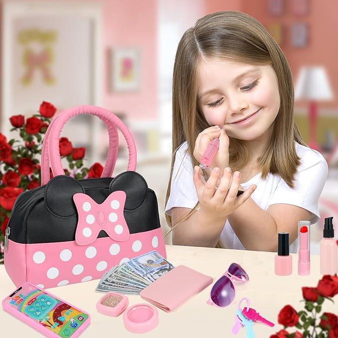 Pretend Play Purse for Little Girls, Toddler Purse with Pretend Makeup Toys for Toddlers, Princess Pretend Play Purse Toys with Accessories, Kids Purse Toy Birthday Gift for Girls Age 3 4 5 6+