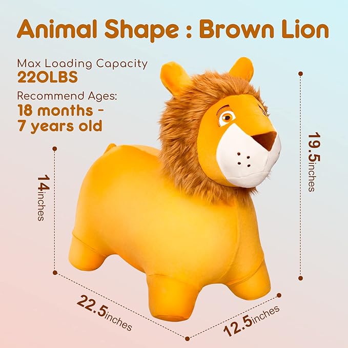 PlayZap Lion Bouncy Horse Hopper, Plush Bouncy Animals Hopper for Toddlers, Inflatable Jumping Ride on Bouncer, Kids Hopping Toys for 18M 2 3 Years Old Kids Boys Girls Gifts