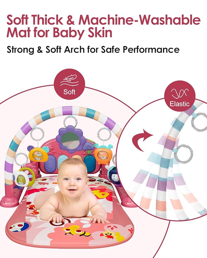 dearlomum Baby Play Mat Gym, Funny Play Piano Tummy Time Activity Mat with 5 Infant Sensory Toys, Music and Lights, Boy & Girl Gifts for Newborns 0 to 3 6 9 12 Months (Pink)