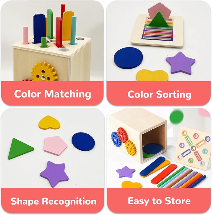 Wooden Montessori Toys for Toddlers, Color & Shape Sorting Matching Games, Fine Motor Skills Sensory Preschool Learning Educational Toys Baby Boys Girls Gifts (3 in 1)