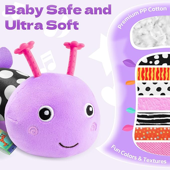 HEMRLY Baby Sensory Toy 0-6 Months, Musical Stuffed Caterpillar Plush with Teether, Crinkle, Rattle, Baby Mirror for Tummy Time, Infant Car Seat Toy for 0-3-6-12 Month Boys Girls Gifts - Leaf Purple