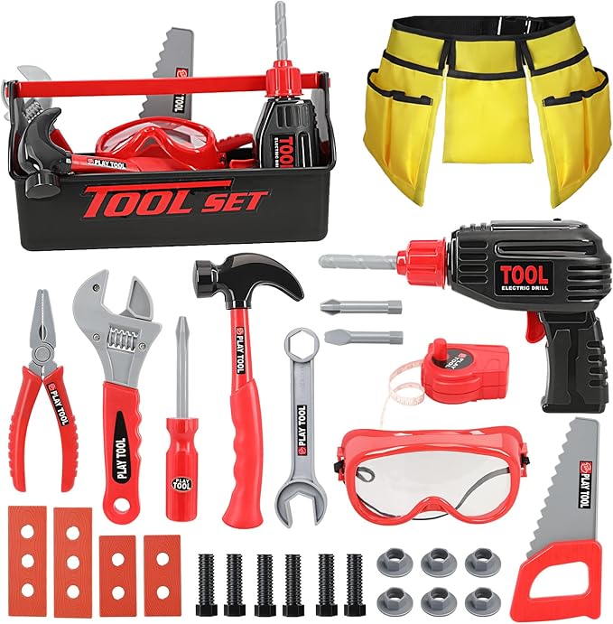 LOYO Kids Tool Set - Pretend Play Construction Toy with Tool Box Kids Tool Belt Electronic Toy Drill Construction Accessories Gift for Toddlers Boys Ages 3 , 4, 5, 6, 7 Years Old (red)