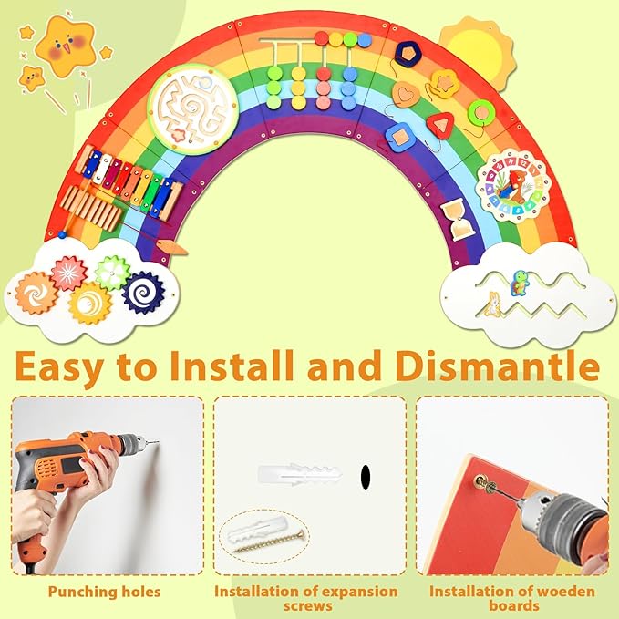 5FT Large Sunshine Rainbow Wooden Activity Wall Panel Christmas Gift Educational Montessori Toy for Toddler Kids Interactive Sensory Activity Busy Board Daycare Learning Center Toddler Room Decor