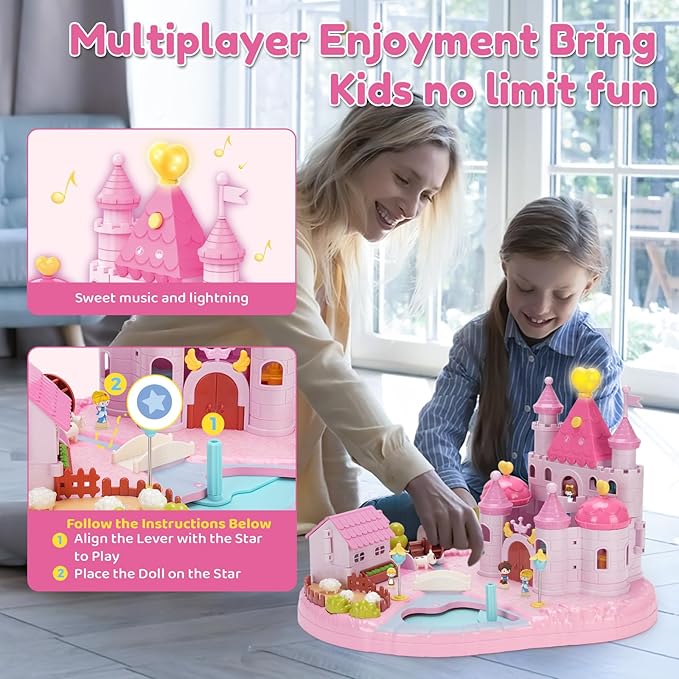 Dream Princess Play Set ,12.2*8.6*8.8 inches with 4 Magnetic Control Movable Toys, Magnetic Doll House Building Toys with Light Music, Toy Gift for Girls Kids Ages 6+（Pink）