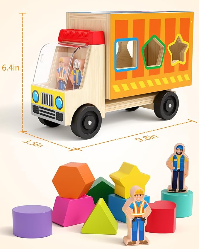Coogam Shape Sorting Montessori Toys for Toddles, Wooden Color Shape Sorter Truck Toy with 2 Play Figures - Fine Motor Educational Learning Gift Toy for Kids 2 3 4 Year Old