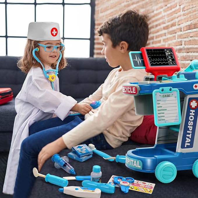 Doctor Kit for Toddlers 3-5 Fun Kids Doctor Play Set for 2 3 4 5 Year Old Girls Boys Dress Up Toys with Cart Costume and Stethoscope Dentist Vet Toddler Pretend Play Toys for Christmas Birthday Gifts