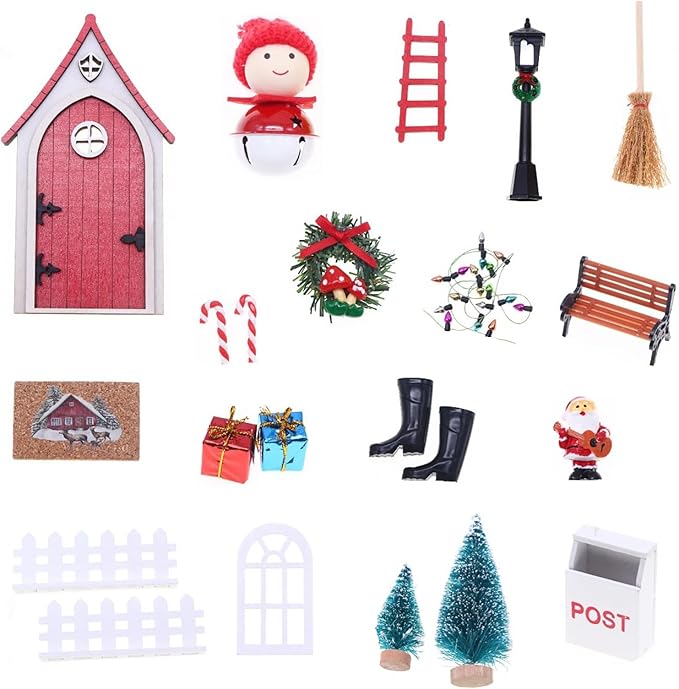 LOGOFUN Miniature Fairy Door Elf Gnome Set with Yellow Bell for Dollhouse Christmas Scene Decoration