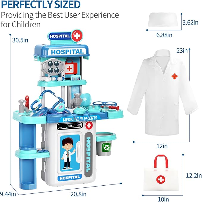 Doctor Kit for Kids Toddlers 3-8, 2 in 1 Kids Doctors Play Set with Costume, Stethoscope and Surgical Light, Pretend Medical Station Set for Boys Girls Birthday