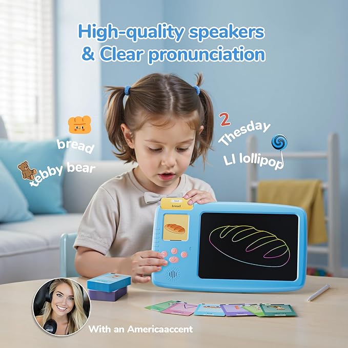 Talking Flash Cards for Toddlers: 2-in-1 LCD Writing Tablet Kids - Montessori Language Learning with 510 Words - Autism & Speech Therapy Toys for Children Gifts, Blue