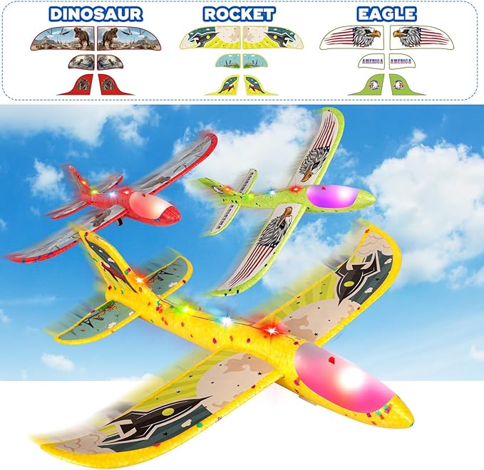 3 Pack Airplane Launcher Toy for Kids, 12.6" LED Foam Glider Plane, 2 Flight Mode Catapult Plane Boy Toys with Stickers, Outdoor Flying Toys Birthday Gifts for 4 5 6 7 8 9 10 12 Year Old Boys Girls