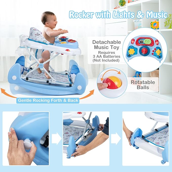 HONEY JOY Baby Walker, 6-in-1 Foldable Baby Walker and Bouncer Combo, Infant Activity Walker with Wheels, Adjustable Heights, Rocker, Music, Lights, Walker for Baby Boy Girl 7-14 Months (Blue)