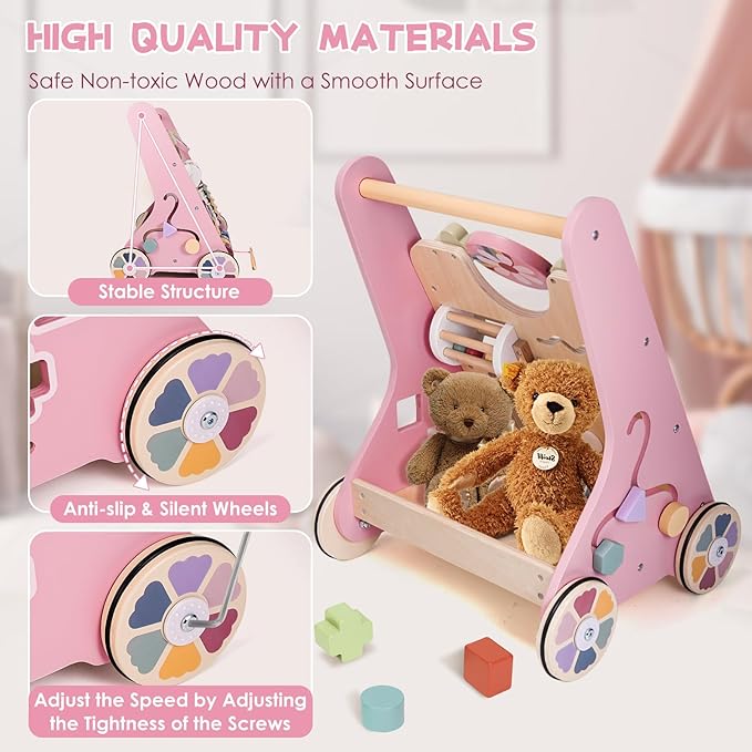 Wooden Baby Walker, Baby Push Walker, Montessori Toddler Walker Toy, Push and Pull Learning Activity Walkers, Baby Walker with Wheels for Boys&Girls 1 Year Old, Christmas Birthday Gifts for Toddler