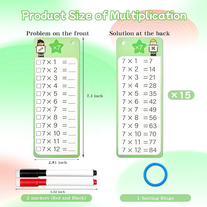 Multiplication Flash Cards 0-12, 15PCS Times Table Flash Cards Chart, with Dry Erase Markers Sorting Ring, 1st, 2nd, 3rd Grades Educational Math Multiplication Game for Kids Classroom Home