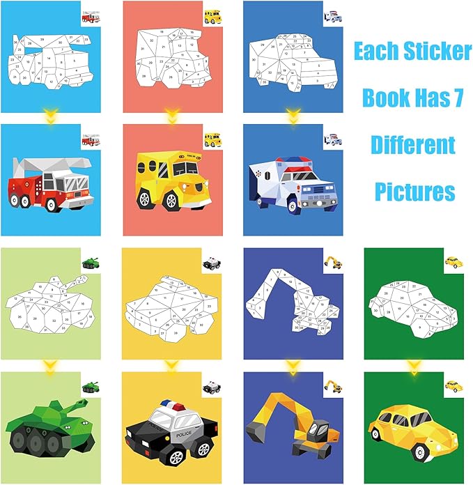 Vehicle Paint by Sticker Book Crafts for Kids Ages 4-8 Sticker by Number Boys and Girls Birthday Gifts Party Favor, Travel Toys Car Stickers for Toddler Learning