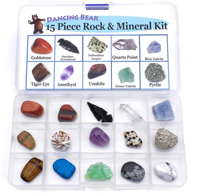 DANCING BEAR -15 Pc Rock & Mineral Collection with Collector Box/Display Case, ID Sheet, Rock Book, Magnifying Glass, Beginner Starter Set, Kids' Gemstone Crystal Kit, STEM Geology Science Education