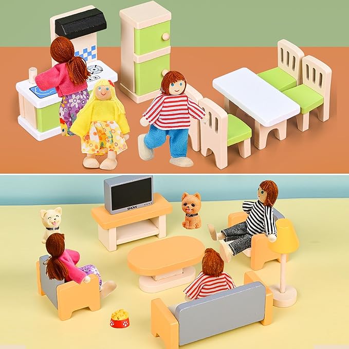 36PCS Wooden Dollhouse Furniture Set with 4 Flexible Family Dolls - 5 Room Realistic Doll House Accessories for Toddlers 3 4 5 6 , Pretend Play Toys Gift for Birthday and Christmas