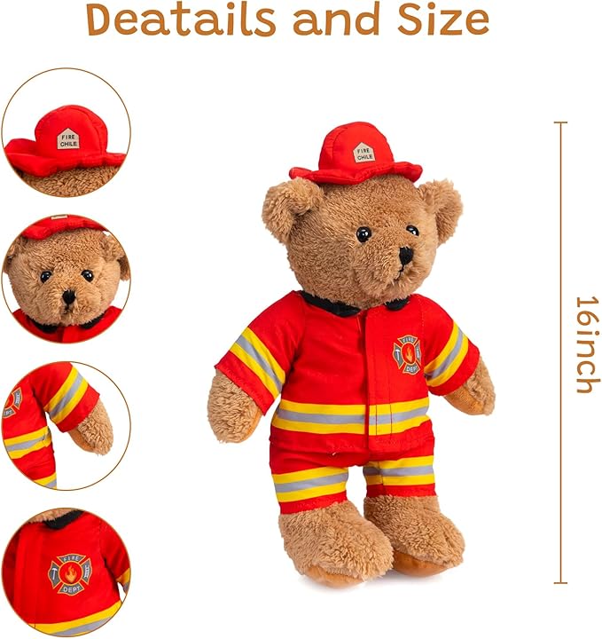 HollyHOME Firefighter Stuffed Animal Teddy Bear Soft Plush Toy with Firefighter Uniform Fire Fighter Doll Gifts for Kids and Firefighters Holiday Birthday Valentine 16 inches