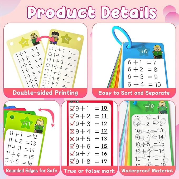 Addition Flash Cards 1-12, 15PCS Times Table Flash Cards Chart, with Dry Erase Markers Sorting Ring, 1st, 2nd, 3rd Grades Educational Math Addition Game for Kids Classroom Home