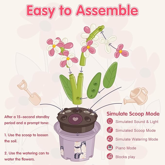 Musical Sunflower Piano Game Machine, Interactive Building Blocks Toy with Watering Can (Orchid)