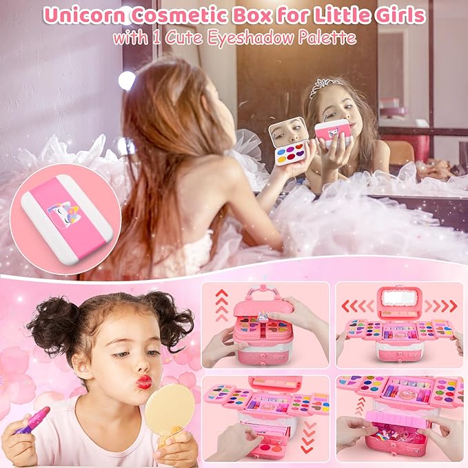 Auney 80 PCS Kids Makeup Kit for 3 4 5 6 7 8 Years Old, Unicorn Girls Toy for Little Girls Birthday, Princess Toys Dress Up Toy for Performance Dance Show Role Play Party