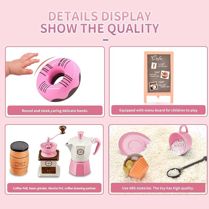 Pretend Tea Party Set for Little Girls, 48 PCS Coffee Maker Set and Play Food Dessert Set for Kids Age 3 4 5 6 7 8 9, Kids Kitchen Pretend Play for Princess Girls Boys(Pink)