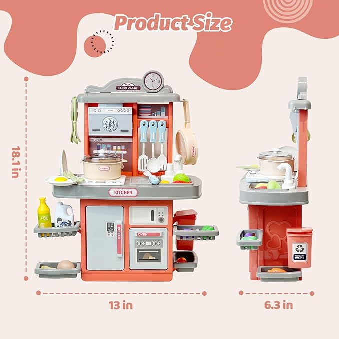 Play Kitchen Accessories for Toddlers, Cooking Stove with Realistic Sounds and Lights, Simulation Play Sink with Running Water, Pots and Pans Set, Play Foods Toys for Boys Girls 3 Years Up (Pink)