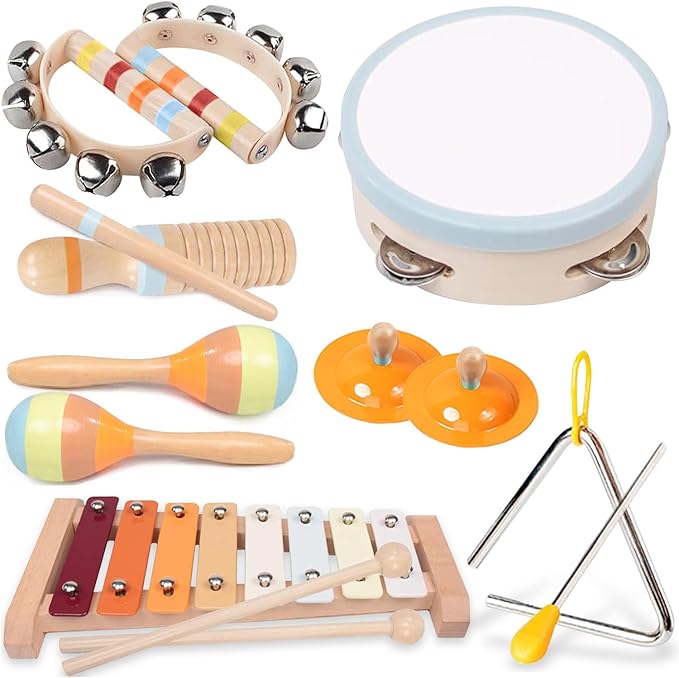 Baby Musical Instruments-Wooden Montessori Musical Toys for Toddlers 1-3, INLAIER Neutral Colors Xylophone Tambourine Musical Instruments for Toddlers 1-3 4 5 Kids Preschool Educational Gifts