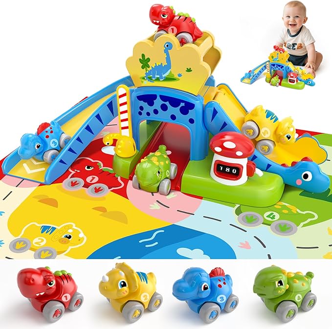 Toddler Toys for 1 2 Year Old Boy Gifts - Educational Dinosaur Slide Set with 4 Color/Number Push Cars and Playmat, Montessori Learning Toy for Baby 12-18 Months,1st Birthday Present Ages 1-2,Primrose