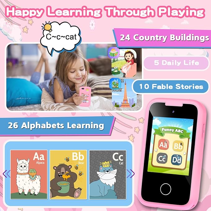 Kids Phone for Girls Toys, Gifts for 3 4 5 6 7 8 9 Year Old Girls Boys Christmas Birthday Kids Toys, Touchscreen Toddler Learning Cell Toy Phone with Dual Camera, Game, Music Player, 8GB Card Pink
