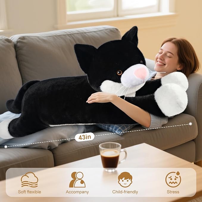 43 inch Black and White Cat Stuffed Animal, Lifelike Tuxedo Cat Plush Toy for Stress Relief & Companion, Extra Soft Giant Stuffed Animals, Giant Plushies Gifts for Kids Adults