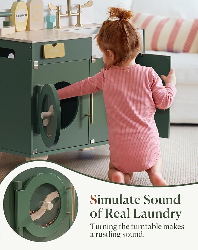 ROBOTIME Play Kitchen Set- Wooden Toy Washing Machine, Kids Washer and Dryer for Kids Kitchen Playset with Realist Sound/Iron, Pretend Play Kitchen for Toddlers (Vintage Green)
