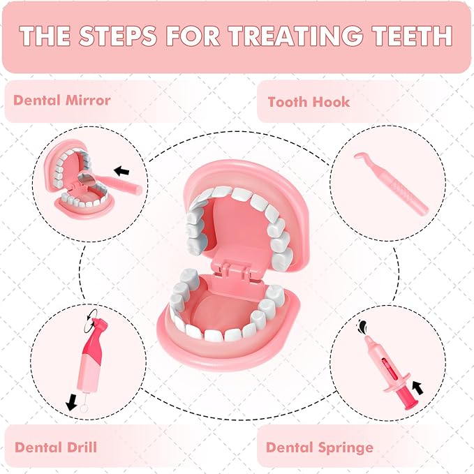 Dentist Play Set for Girls 3-5 - Doctor Kit Toy Gifts for 3 4 Year Old Toddler Girls, Pretend Play Montessori Toys Teeth and Dental Playset Medical Kits for Boys Kids 3 4 5 6 7 8 Pink