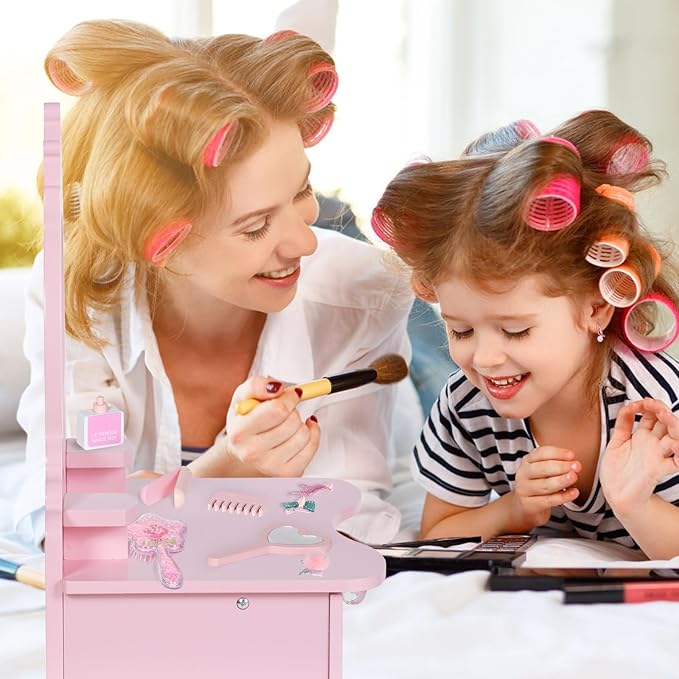 Wooden Vanity Set for Kids, Toddler Tabletop Beauty Salon Play Set w/Accessories & Drawer, Princess Makeup Pretend Play Vanity Table Toy with Crown Shaped Mirror for Little Girls Age 3-8