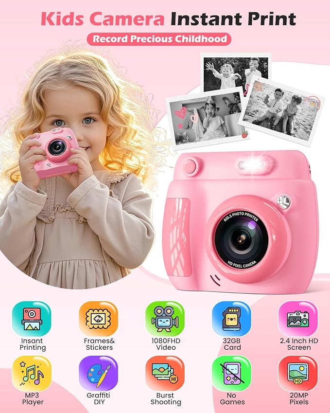 Kids Camera Instant Print - Christmas Birthday Gifts for Girls Boys Age 3-12, 1080P Video Digital Camera with 3 Rolls Printing Paper, Toddler Travel Toy Camera for 4 5 6 7 8 9 10 11 Year Old - Pink